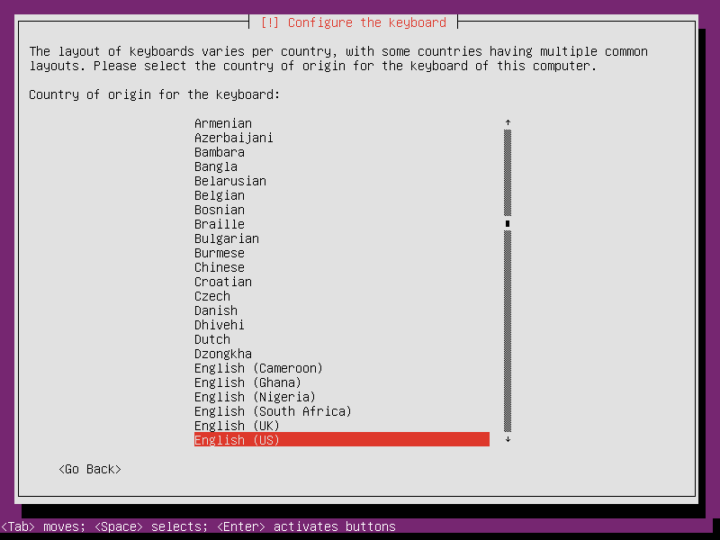 Select English (US) as country of origin for the keyboard