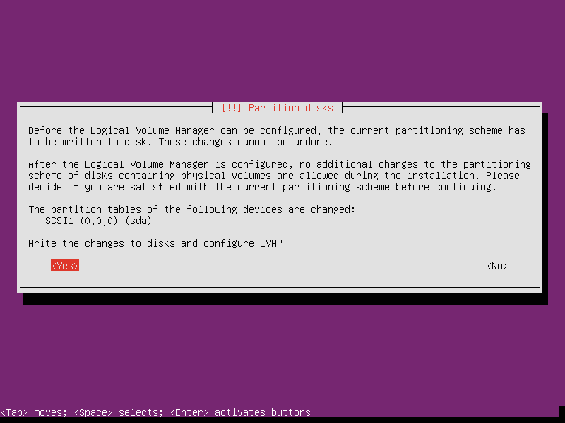 Write the changes to disks and configure LVM